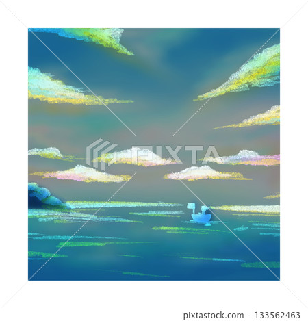 Artistic color illustration of small boat in serene sky and sea background 133562463