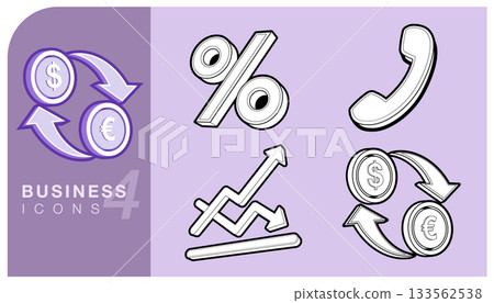 Set 3D line art business and finance icon, representing currency exchange (Dollar, Euro), interest rates (Percent), communication (Phone) and market volatility, stock trends. For digital projects. 133562538