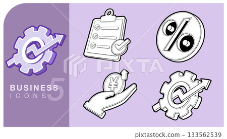 3D line art business icons, representing key concepts: process optimization, efficiency Gear, Arrow, Checklist and Clipboard, interest rates Percent, and profit, investment ,Yen money. Vector EPS. 133562539