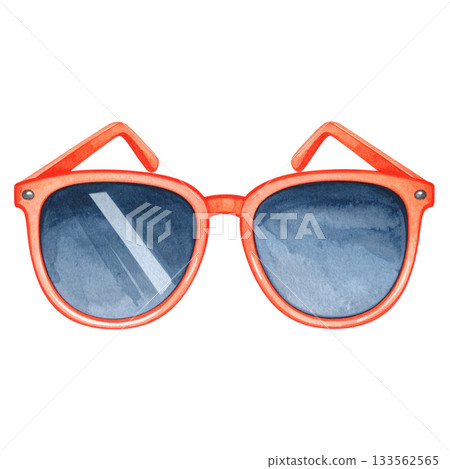 Watercolor sunglasses with orange frame, isolated on transparent background, summer vacation and eye protection concepts. 133562565