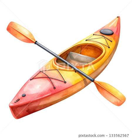 Watercolor kayak with paddle, isolated on transparent background, for water sport, recreation and summer activity concepts. 133562567