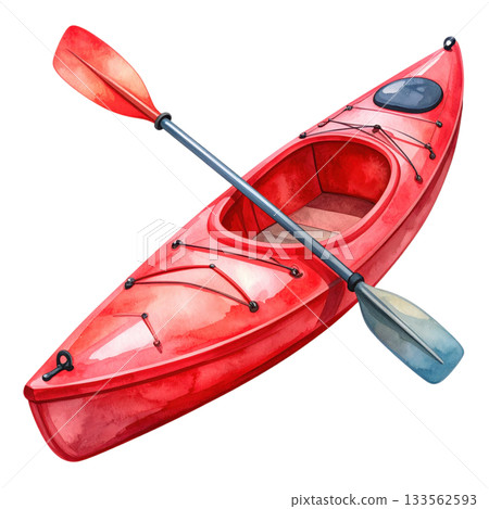 Watercolor style red kayak and paddle isolated on transparent background, summer activity, adventure, recreation. Watercolor style red kayak and paddle isolated on transparent background, summer activity, adventure, recreation. 133562593
