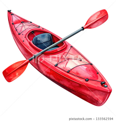Watercolor illustration of a red kayak with paddle, isolated on transparent background, featuring sport, recreation, and adventure. Watercolor illustration of a red kayak with paddle, isolated on transparent background, featuring sport, recreation, and adventure. 133562594