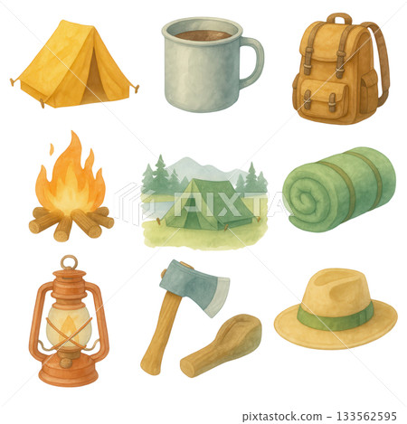 Camping equipment set, tent, fire, backpack, and more, isolated on transparent background, includes adventure, nature, and travel concepts. Camping equipment set, tent, fire, backpack, and more, isolated on transparent background, includes adventure, nature, and travel concepts. 133562595