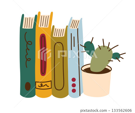 Vector illustration with flat cartoon bookshelf with colorful books and small cactus pot, cozy reading corner mood, self time atmosphere, warm interior decor theme for lifestyle visuals Vector illustration with flat cartoon bookshelf with colorful books and small cactus pot, cozy reading corner mood, self time atmosphere, warm interior decor theme for lifestyle visuals 133562606