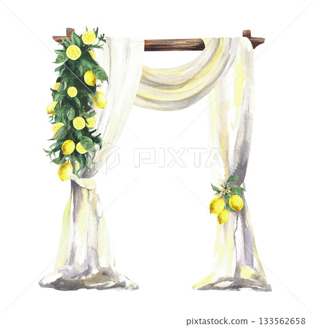 Arch decorated with curtain drapery and lemon branches isolated from background. Watercolor realistic Italian, Sicilian lemon wedding reception decoration for festive ceremony, Hand drawn illustration 133562658