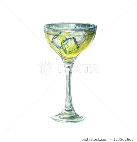 Lemonade or limoncello glass with ice cubes. Drink shot with yellow beverage. Traditional Italian alcoholic liqueur made from lemons. Watercolor hand drawn illustration Isolated from background Lemonade or limoncello glass with ice cubes. Drink shot with yellow beverage. Traditional Italian alcoholic liqueur made from lemons. Watercolor hand drawn illustration Isolated from background 133562663