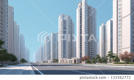 Modern skyline high rise residential tower urban street cityscape blue sky sunny perspective symmetry architecture with calm mood 133562772