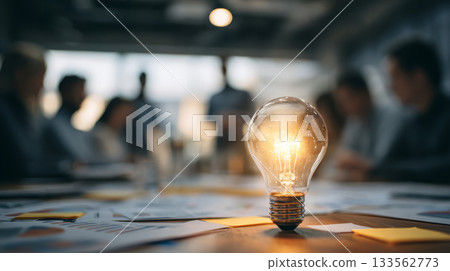 Light bulb idea innovation creativity teamwork brainstorming office meeting strategy startup glow sparks motivation busy office meeting as team 133562773