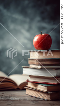 Red apple stack of books wooden table classroom study education learning knowledge rustic 133562955