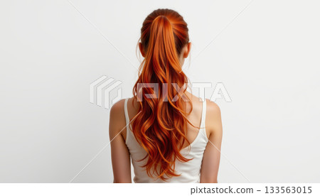 Red hair ponytail long hair wavy hair woman back view white background natural light hairstyle ginger 133563015
