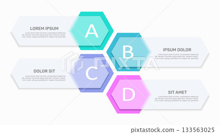 Infographic with four colorful hexagon-labeled sections for process, categorization, or presentation. Vector illustration. Infographic with four colorful hexagon-labeled sections for process, categorization, or presentation. Vector illustration. 133563025