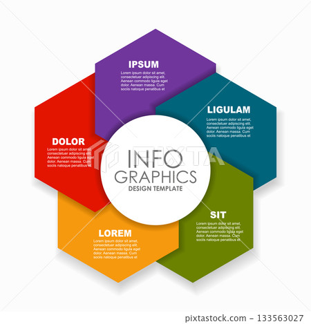 Infographic with five colorful hexagons around a central circle, ideal for business, planning, or presentation purposes. Vector. 133563027