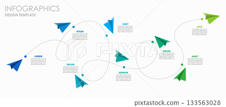 Infographic with colorful paper airplanes on a winding path, illustrating workflow in a modern layout. Vector illustration. 133563028