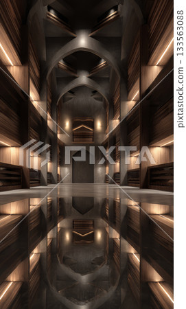 Grand library interior vaulted arch warm lighting wooden bookshelf reflective floor symmetry modern gothic corridor moody tranquil 133563088