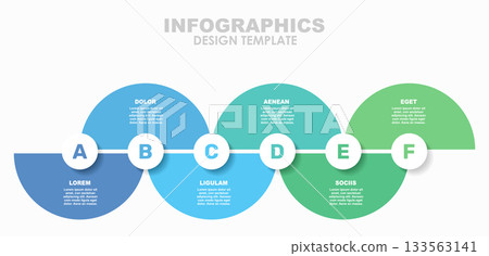 Six-step timeline infographic circular segments, icons, and text for business, planning, or presentation. Vector illustration. 133563141