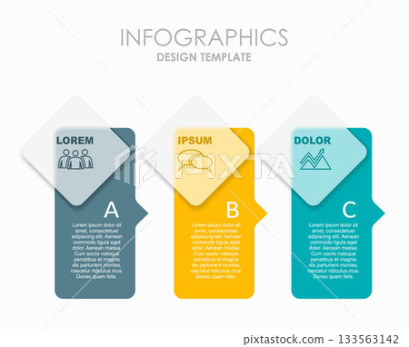 Three-step infographic with icons, titles, and text, modern layout for business or presentation use. Vector illustration. 133563142