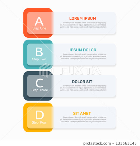 Vertical four-step infographic colored blocks and text for process visualization, instruction, presentation. Vector illustration. 133563143