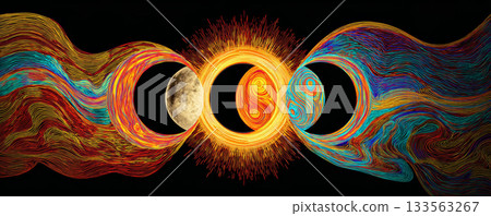 Solar eclipse yin yang moon sun cosmic abstract colorful energy swirl harmony pulse Solar eclipse yin yang moon sun cosmic abstract colorful energy swirl harmony pulse 133563267