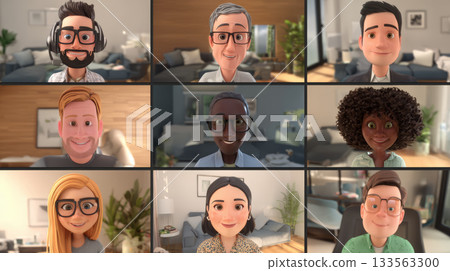 Cartoon avatar grid video call remote meeting diverse team home office smiling faces digital communication webcam view online conference friendly 133563300