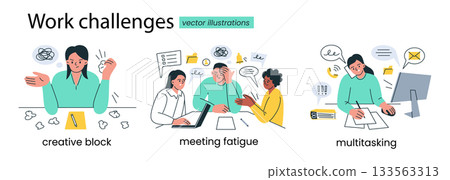 Vector illustration collection with flat cartoon people in office scenes, work challenges, creative block, meeting fatigue, multitasking stress set, characters with burnout emotion, productivity theme 133563313