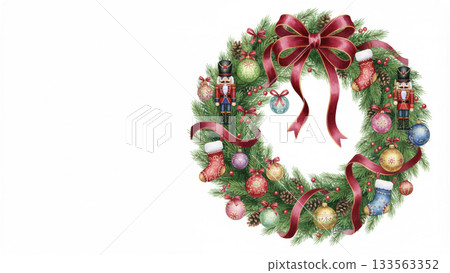 Christmas wreath decorated with nutcracker ornaments 133563352