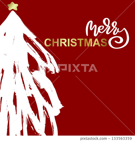 Merry Christmas Greeting Card Template with Grunge Hand Drawn Spruce and Star 133563359