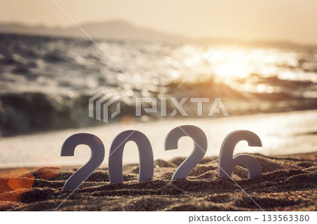 number 2026 for new year sign on summer beach at sunset, with ripple sea wave and beautiful nature at background, 2026 New Year celebration concept number 2026 for new year sign on summer beach at sunset, with ripple sea wave and beautiful nature at background, 2026 New Year celebration concept 133563380