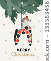 Modern greeting card with Christmas tree toy horse 133563456