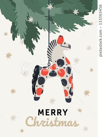 Modern greeting card with Christmas tree toy horse 133563456