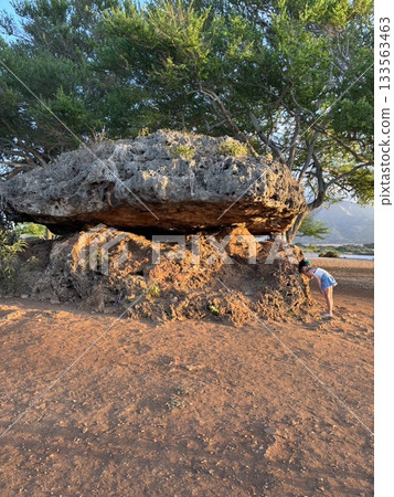 一個孩子在能量點的石頭前許願 133563463