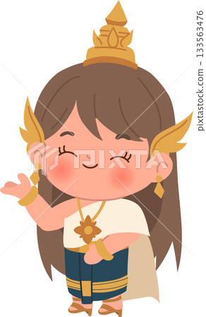 a cute thai chibi girl wearing traditional costume and gold accessories, shown greeting in a cheerful pose 133563476