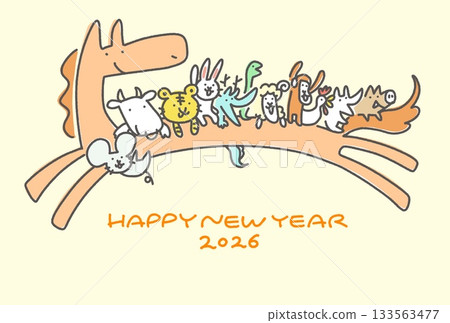 Cute New Year's card 2026 with zodiac animals riding a running horse 133563477