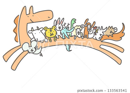 Cute zodiac animals riding a running zodiac horse 2026 hand-drawn 133563541