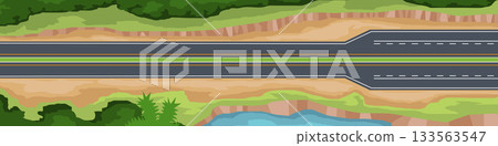 Above view of empty asphalt joint road. Cutting through a natural path on the edge of the mountain. Both sides of the path are cliffs covered with green grass alternating with cliffs and ponds. Above view of empty asphalt joint road. Cutting through a natural path on the edge of the mountain. Both sides of the path are cliffs covered with green grass alternating with cliffs and ponds. 133563547