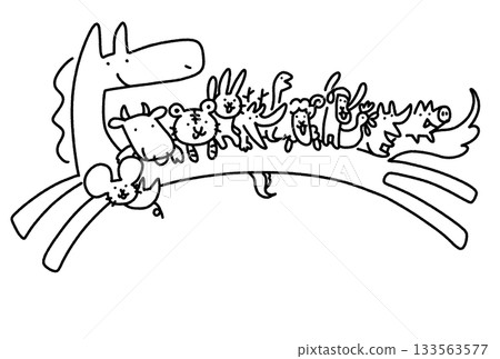 Cute zodiac animals riding a running zodiac horse 2026 hand-drawn monochrome Cute zodiac animals riding a running zodiac horse 2026 hand-drawn monochrome 133563577