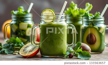 Fresh green olives, olive oil, and mint lemonade beverage in a glass. 133563657
