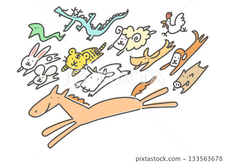 可愛的十二生肖動物與生肖馬一起奔跑 2026 手繪 133563678