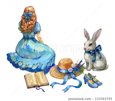 Whimsical watercolor scene with a girl in a blue dress, a rabbit with a bow, a straw hat with flowers, blue shoes and an open book. Magical cottagecore mood for storytelling and decorative projects. 133563745