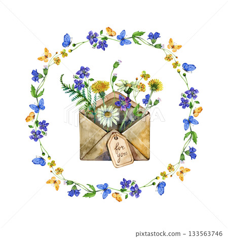 Delicate watercolor wreath with wildflowers, butterflies and an envelope filled with blossoms. A bright, cheerful botanical illustration perfect for greeting cards, invitations and romantic designs. 133563746