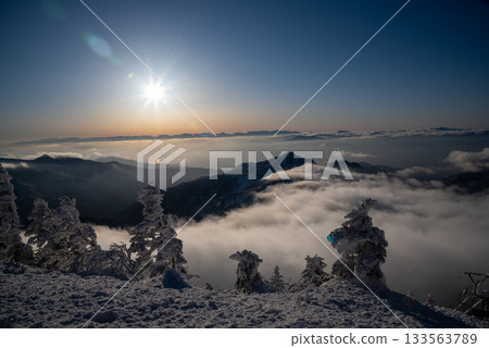 從長野縣志賀高原橫手山頂峰欣賞壯麗的日出和雲海景色 133563789