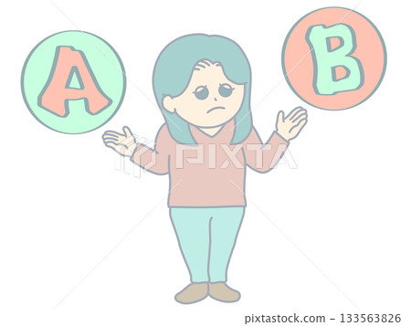 插圖描繪了一位面色蒼白、神情憂慮的女士正在比較A、B兩個選項。 133563826