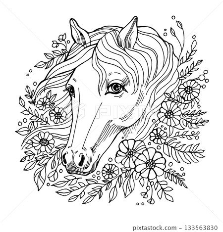 Hand-drawn vector horse with floral elements, elegant line art for 2026 symbol. Perfect for coloring pages, zodiac themes, posters, prints, crafts, children s activities and creative design projects. Hand-drawn vector horse with floral elements, elegant line art for 2026 symbol. Perfect for coloring pages, zodiac themes, posters, prints, crafts, children s activities and creative design projects. 133563830