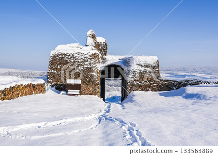 Ruins of medieval castle Lichnice near Tremosnice, Czech Republic. Sunny snowy winter day. 133563889
