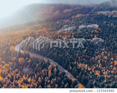 Virive Rocks, Czech: Virive kameny, near Jested Mountain in Liberec, Czech Republic. Aerial view from drone. Virive Rocks, Czech: Virive kameny, near Jested Mountain in Liberec, Czech Republic. Aerial view from drone. 133563940
