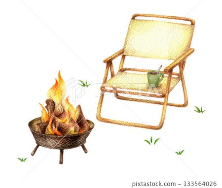 火坑前的戶外椅，用色鉛筆手繪 133564026