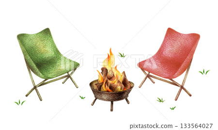 Two outdoor chairs surrounding a campfire - hand-drawn colored pencil drawing 133564027