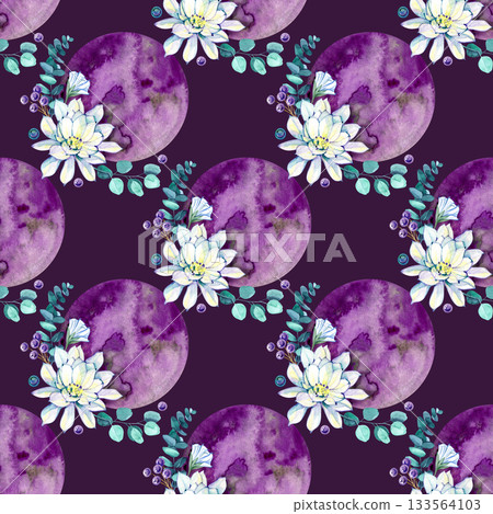 Watercolor seamless pattern with purple moons, white lotus flowers, eucalyptus leaves, and berries. Dreamy celestial floral design perfect for fabric, wrapping paper, stationery, and boho projects. Watercolor seamless pattern with purple moons, white lotus flowers, eucalyptus leaves, and berries. Dreamy celestial floral design perfect for fabric, wrapping paper, stationery, and boho projects. 133564103