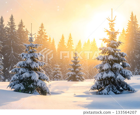 Magical Winter Landscape with Snow Covered Trees at Sunset Magical Winter Landscape with Snow Covered Trees at Sunset 133564207