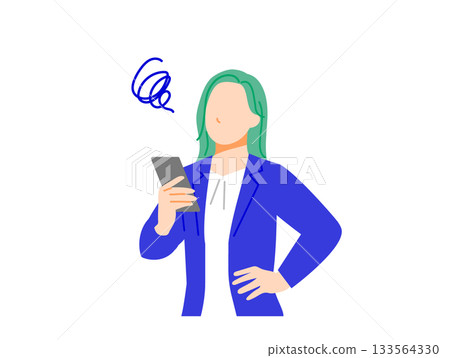 An illustration of a businesswoman in a suit using a smartphone and having trouble with her face. Flat design An illustration of a businesswoman in a suit using a smartphone and having trouble with her face. Flat design 133564330
